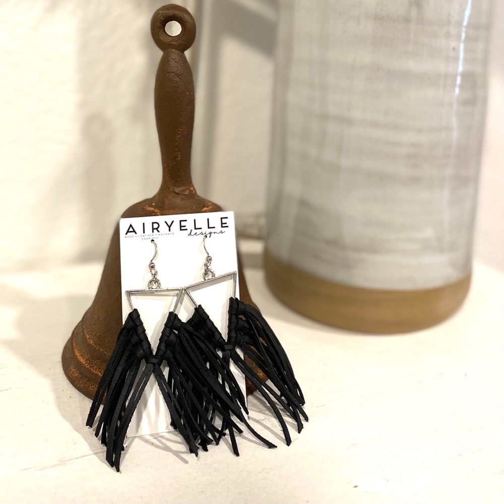 Black leather fringe earrings